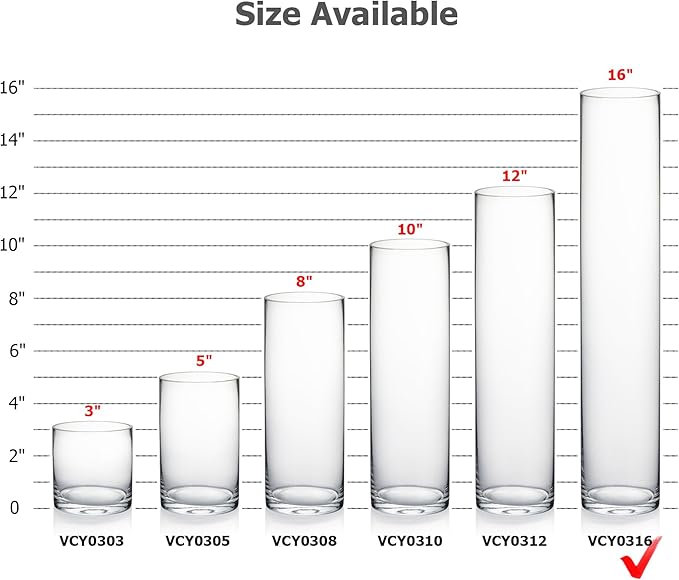 WGVI Quality Thick Weighted Tall Clear Cylinder Glass Vase, 3" W x 16" H, Flower Arrangement Candle Holder Floral Container Wedding Centerpieces Home Decor Bulk Wholesale, 12 Pieces