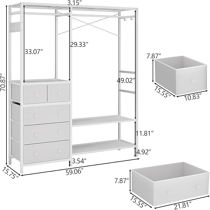 Auromie Clothes Rack with 5 Drawers & 4 Storage Shelves, 59.1W*70.9H Heavy Duty Clothing Rack with 2 Hanging Rods, Wardrobe Closet Organizer System with 5 Hooks, Freestanding Garment Rack (White)