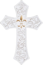 TRENDIN Gold Cross for Wall, Rustic Wooden Cross with Fleur de Lis, Decorative Hanging Christian Wall Art for Home, Living Room, or Bedroom, Distressed White