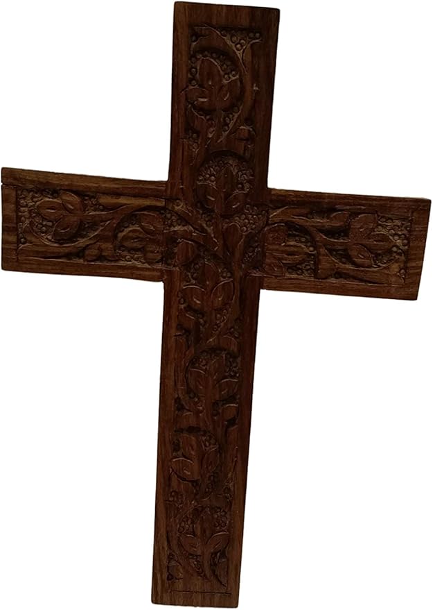 IBLAY Hand Carved Wooden Wall Cross – Rustic Christian Cross Wall Decor, Handmade Floral Carving Crucifix for Home, Living Room, Bedroom, Church & Prayer Room, Religious Gift (9 X 6 Inch)