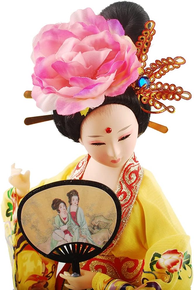 12 Inch Chinese Traditional Handicraft Silk Figurine Collectible Chinese Ancient Character Ornaments for Home Decoration(Yellow)