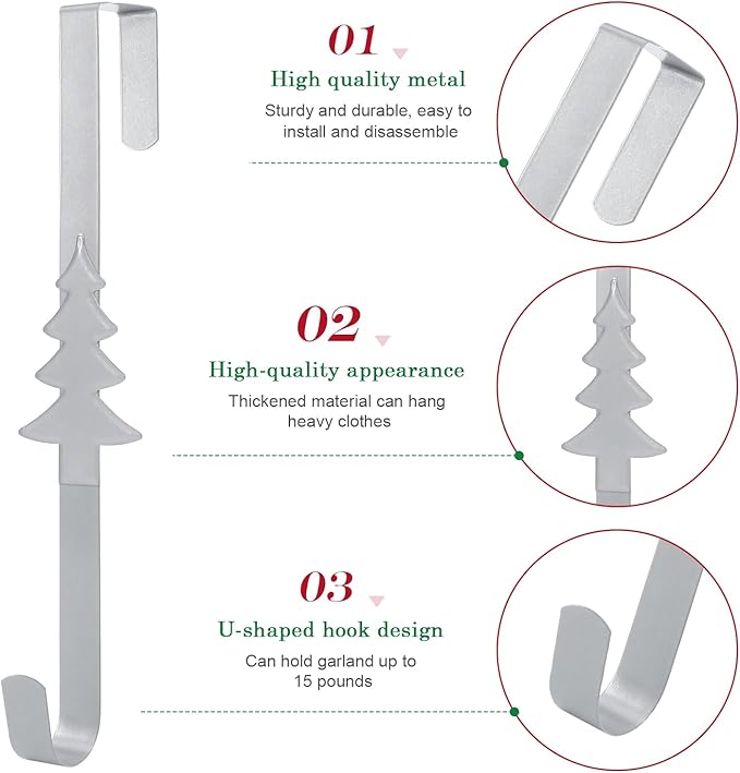 Wreath Hangers for Front Door,15" Sturdy Metal Wreath Doors Hangers,Over The Door Hooks for Front Porch Decor,Garland Hooks Holders for Halloween Christmas Decorations (Silver Christmas Tree, 4 Pack)