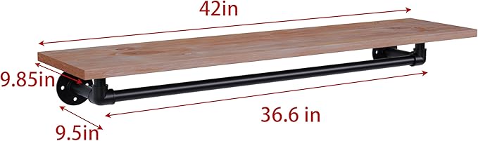 Clothes Rack 42in, Wall Mounted Garment Rack with Real Wood Shelf, Heavy Duty Hanging Clothes Rack, Multi-Purpose Hanging Rod, Space-Saving Closet Storage