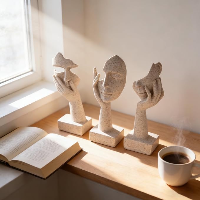 3 Pcs Thinker Small Statue Set - Art Resin Abstract Home Accent Figurines for Decor Woman Apartment Bookshelf Floating Shelf Coffee Table Office Desk Counter Decor (3 Pcs Sandstone, 6")