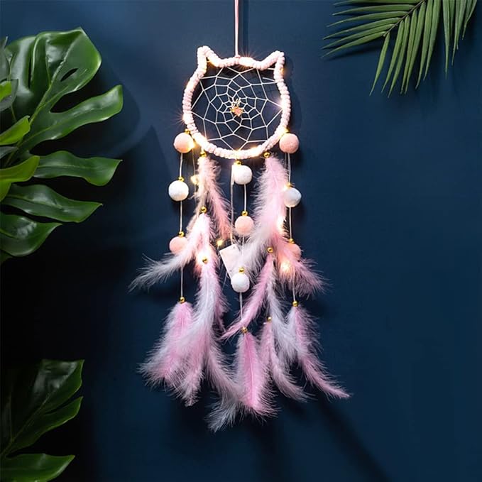 LED Light Up Feather Dream Catcher for Bedroom, Cat Shaped Lighted Dream Catcher with LED Fairy Lights for Girls Boys Kids Adults Room Decor Boho Decor Ornament Craft Gift