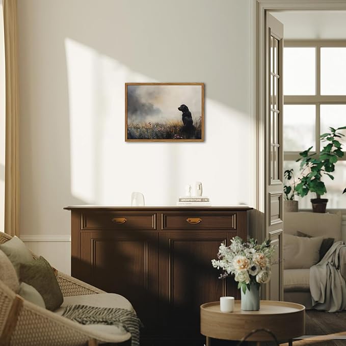 Framed Vintage Black Dog Canvas Wall Art, Rustic Hunting Dog in Wildflower Meadow Pictures Wall Decor, Farmhouse Animal Nature Paintings Prints Home Decor for Living Room Bedroom 16x24 inch