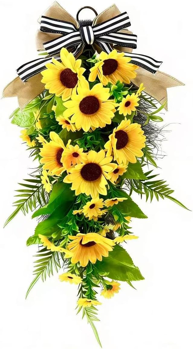 23.6inch Artificial Sunflower Swag for Front Door Faux Sunflower Teardrop Swags Wreath with Linen Bow Spring Summer Floral Swag for Farmhouse Wall Window Cabinet Decor