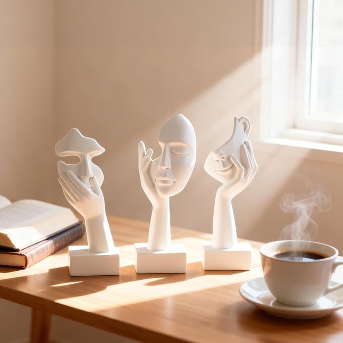 3 Pcs Thinker Small Statue Set - White Art Abstract Home Accent Figurines for Decor Woman Apartment Bookshelf Floating Shelf Coffee Table Office Desk Bathroom Counter Decor (3 Pcs White, 6")
