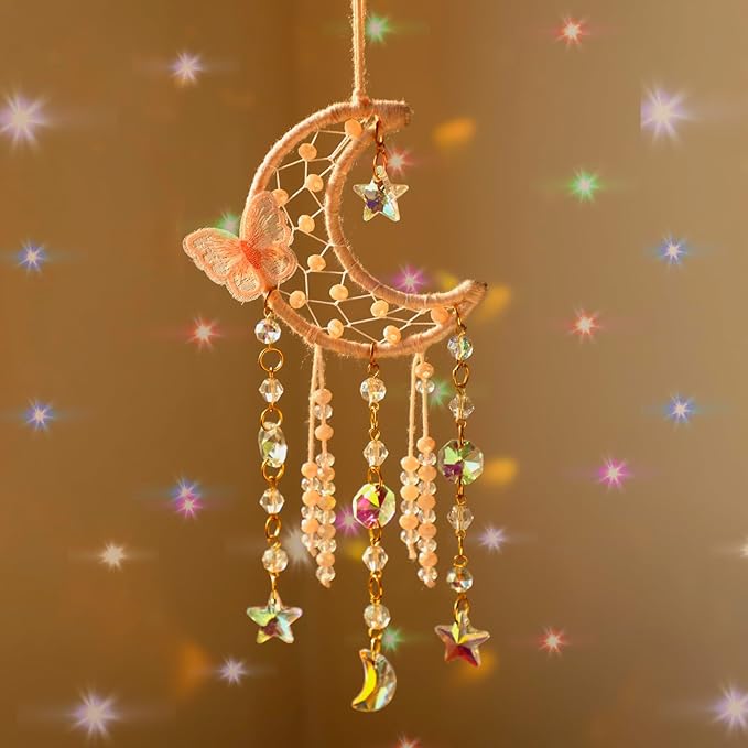 Artilady Dream Catcher for Girls - Pink Butterfly Small Moon Dream Catchers with Crystals Cute Room Decor for Teen Girls Boys Boho Bedroom Wall Home Decorations Birthday Christmas Kids Gifts