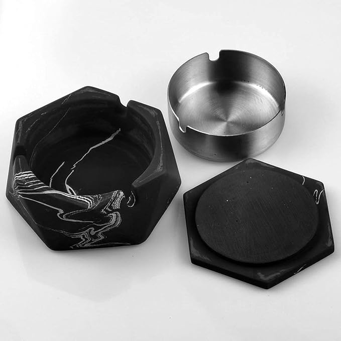 FREELOVE Concrete Ashtray with Lid & Stainless Steel Ashtrays for Cigarettes, Cement Ash Tray Smoking Holder Indoor Smokeless Outdoor Windproof Patio Home Office Cool Decor(Black-White, Small)