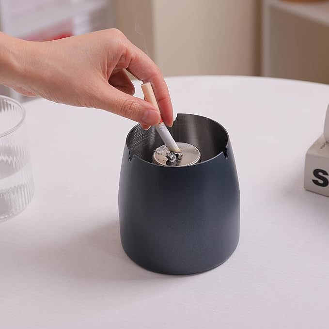 Extra Large Ashtray with Lid for Cigarette, Stainless Steel Smokeless Odorless Windproof Ash tray for Home Office Tabletop Outside Patio Outdoor Balcony(4.72''x3.93''x4.33'')