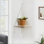 Artilady Macrame Corner Shelf Wall Hanging - White Corner Floating Shelves Boho Wall Decor, Rustic Wooden Plant Shelf Storage Rack for Bedroom Living Room Bathroom