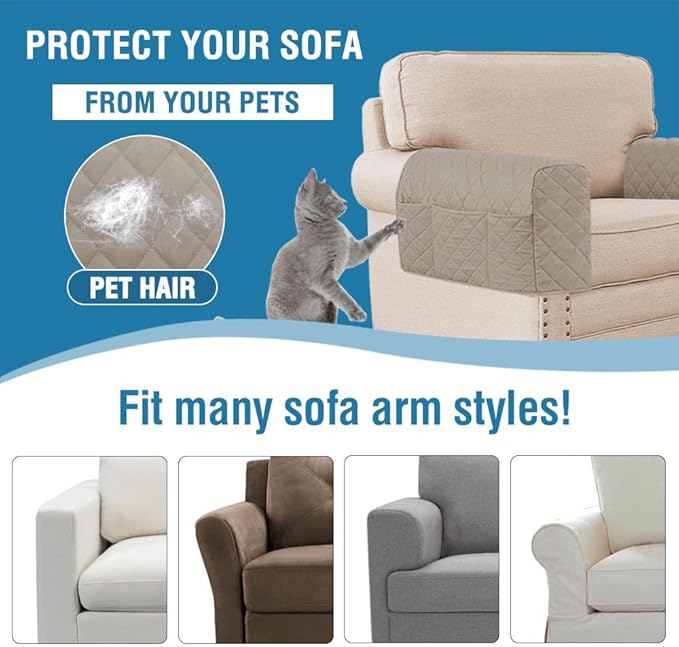 H.VERSAILTEX Couch Arm Covers Water Resistant Armrest Covers for Sofa Remote Control Holder Sofa Armrest Organizer for Magazine, Tablet, Phone, iPad(Set of 2, Khaki/Beige)