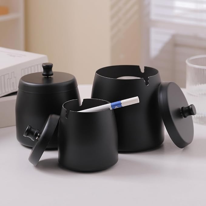 Ashtray with Lid for Cigarette, Stainless Steel Smokeless Odorless Windproof Ashtrays for Home Office Tabletop Outside Patio Outdoor Balcony(3.54"x3.0"x3.38")