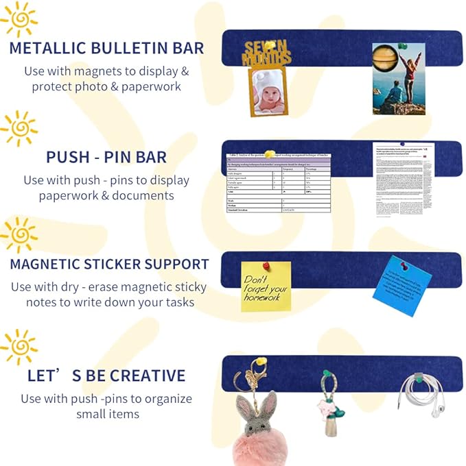 Vuzvuv 8 pcs Bulletin Board Bar Strips with 50 Pushpins & 10 Wooden Clip pins，Self Adhesive Cork Board for Wall，Felt Pin Board for School，Office Decor(Blue)