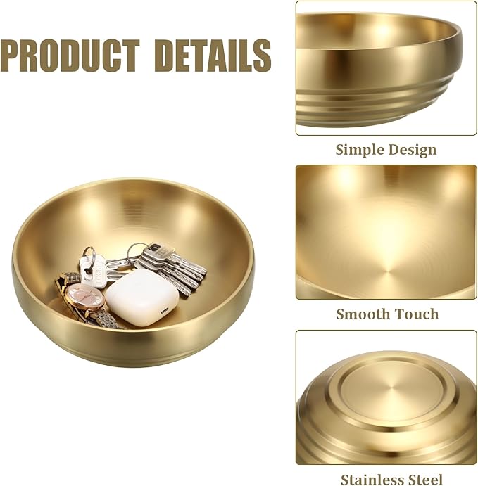 7.4" Gold Decorative Bowl - 2 Packs Key Bowls for Entryway Table Catchall Vintage Round Key Holder Bowl for Candy Fruit, Home Decor