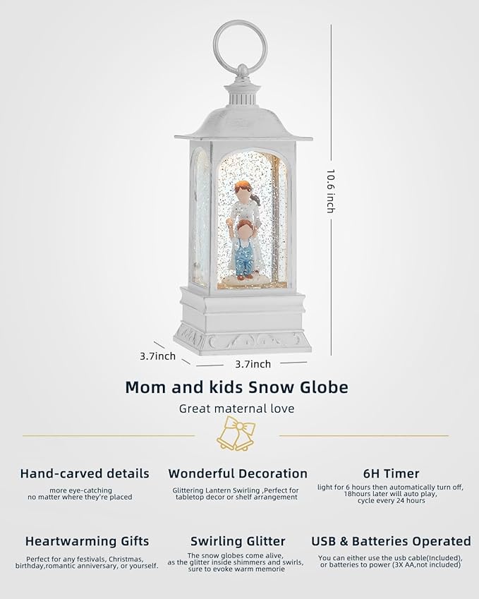 Mom and Son Gifts, Christmas Snow Globe Gifts for Mother and Daughter, 6H Timer, Baptism New Parents Gifts for Couples Christmas Snow Globe LanternDecorations for Mom, Loving Family, Grandmother
