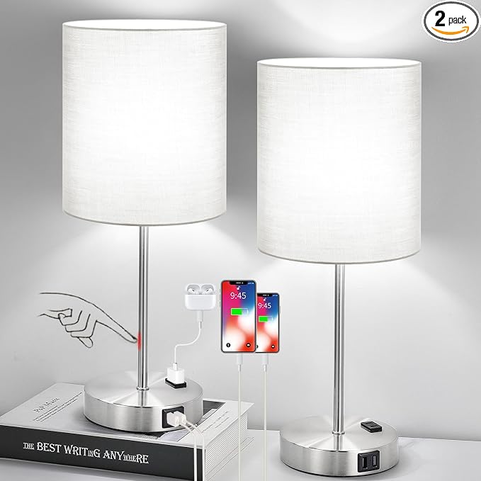 Set of 2 Grey Touch Control Table Lamps with 2 USB Ports & AC Outlet, 3-Way Dimmable Bedside Nightstand Lamps, Desk Lamp for Bedroom Living Room Nursery, 800 Lumens 5000K Daylight Bulbs Included