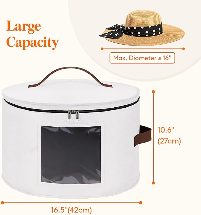 Lifewit Round Cowboy Hat Box for 7 Caps, Large Felt Hat Organizer Bag for Men&Women Storage, Baseball Cap Container with Lid for Travel, Foldable 16.5" Dx10.6 H Carrier, 37L Each, White 2 Pack