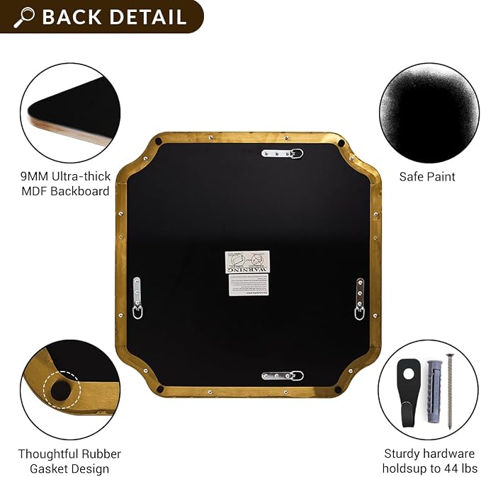ANDY STAR Square Gold Vanity Mirrors, 24"x24" Brushed Brass Scalloped Bathroom Mirror, Antique Wall Mirror with Anti-Rust Stainless Steel Frame, Rounded Notched Corner Design Ideal for Home Deocr