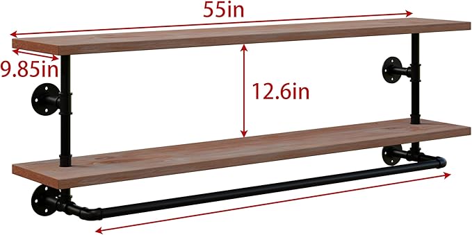 Clothes Rack 55in, 2-Tier Wall Mounted Garment Rack with Real Wood Shelf, Heavy Duty Hanging Clothes Rack, Multi-Purpose Hanging Rod, Space-Saving Closet Storage