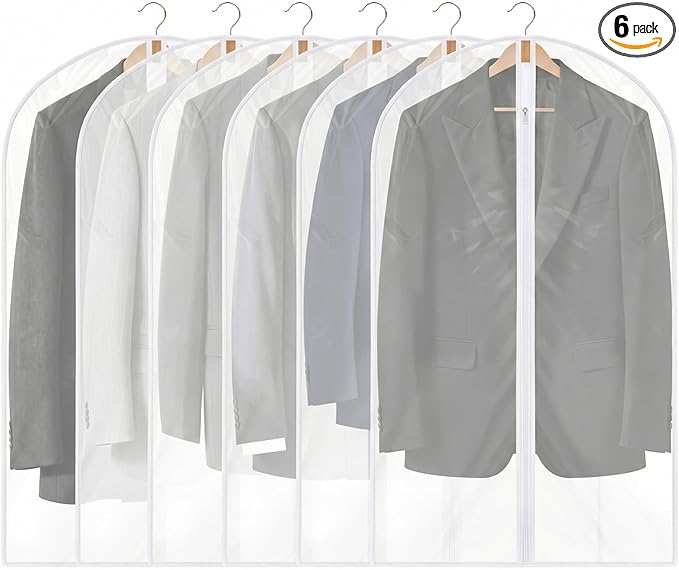 6 Pack Garment Bags 60 * 100cm, 40in PEVA Translucent Garment Covers, Suit Storage Bags, Dress Organizer Bags Used To Protect Shirts, Winter Coats, Jackets（White Edge）