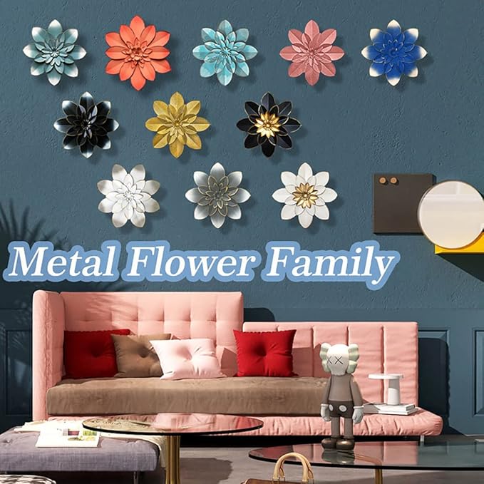 Rose Gold Metal Flower Wall Art Decor, 9.5“ Rustic Modern Floral Sculpture, Distressed Iron Wall Hanging Home Decoration Accent Artworks for Indoor Kitchen Bedroom Living Room Office Outdoor Garden