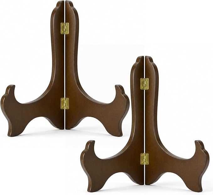Tatuo 2 Packs Wooden Plate Stands for Display, Plate Holder Display Stand, Picture Frame Stand Easels, Tabletop Art Holder, Book Dish Decorative (8 Inch,Brown)