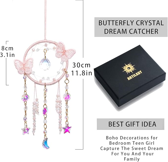 Artilady Dream Catcher for Girls - Pink Butterfly Small Moon Dream Catchers with Crystals Cute Room Decor for Teen Girls Boys Boho Bedroom Wall Home Decorations Birthday Christmas Kids Gifts