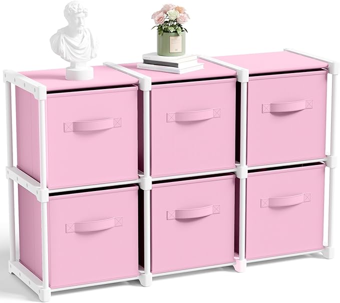 6 Cube Storage Organizer with Shelf Back to School Boxes 11 Inch Toy Storage Bins Closet Organizers Drawers Fabric Dresser for Playroom Books Bedroom Dorm Kitchen (Macaroon Pink)