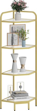 Hzuaneri Corner Shelf Stand, 4-Tier Glass Bookshelf Bookcase, Bathroom Organizer, Plant Stand, Steel Frame, Tempered Glass, Modern Style for Living Room, Bathroom, Kitchen, Golden CS90400G