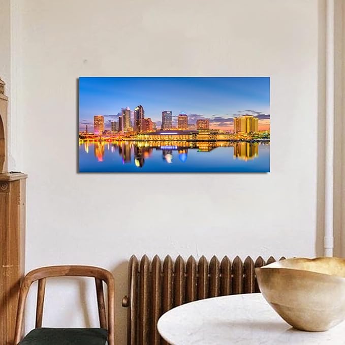AIYISU Florida Skyline Wall Art USA City Poster Tampa Cityscape Picture Modern Office Wall Decor Blue Night Skyscraper Downtown River Reflection Painting Artwork for Living Room Decoration 20x40”