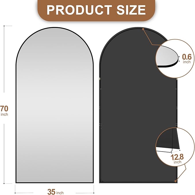 Delma Full Length Mirror, Large Floor Mirror for Wall, Bedroom, Bathroom, Living Room with Aluminium Frame (Stand, Arch 70x35, Black)