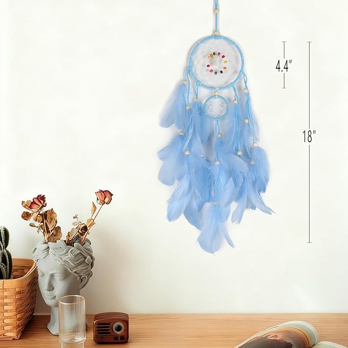 Dream Catcher for Girls Bedroom Wall Decoration, 4.4" x 18" Traditional Circular Net Wall Hanging Home Decor, Blue
