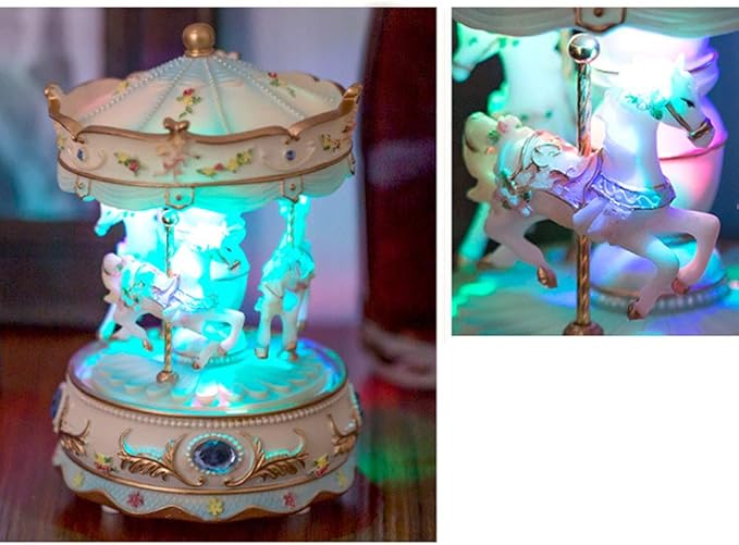 Carousel Music Box with 3 Rotating Horses, Color-Changing LED Lights, Wind-Up Clockwork 18-Note Melody, Small Resin Tabletop Decor, 5.9" Tall x 3.93" Dia (Blue)