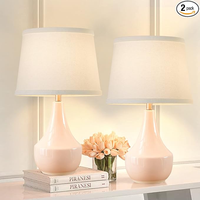 GyroVu 18" Table Lamp Set of 2, Ceramic Lamp Classic Beside Lamps Nightstand Lamp Modern Bedside Lamp for Living Room, Bedroom & Office Rocker Switch Pink-LED Bulbs Included
