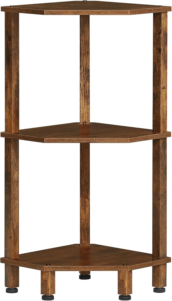 YUFAM 3-Tier Corner Shelf with Sturdy 5-Leg Base, Wooden Corner Bookshelf for Small Spaces, Small Corner Table for Living Room, Bedroom, Office, Brown