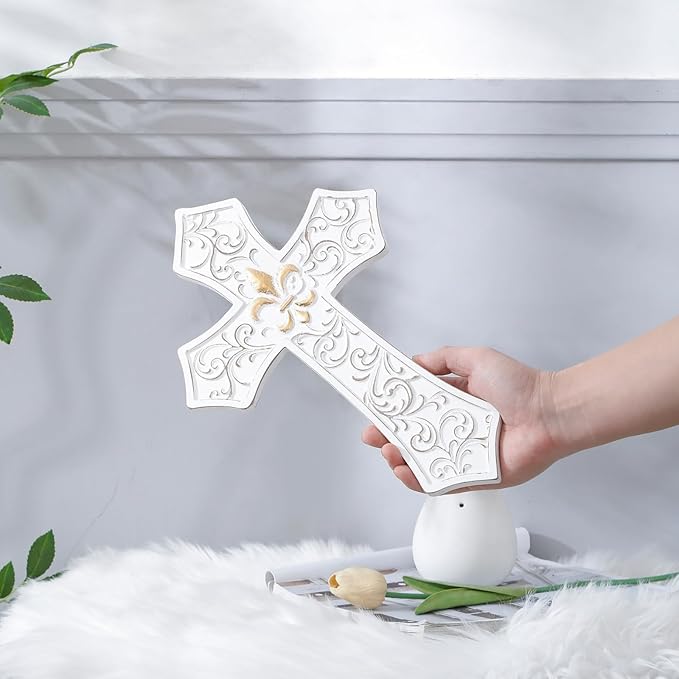 TRENDIN Gold Cross for Wall, Rustic Wooden Cross with Fleur de Lis, Decorative Hanging Christian Wall Art for Home, Living Room, or Bedroom, Distressed White