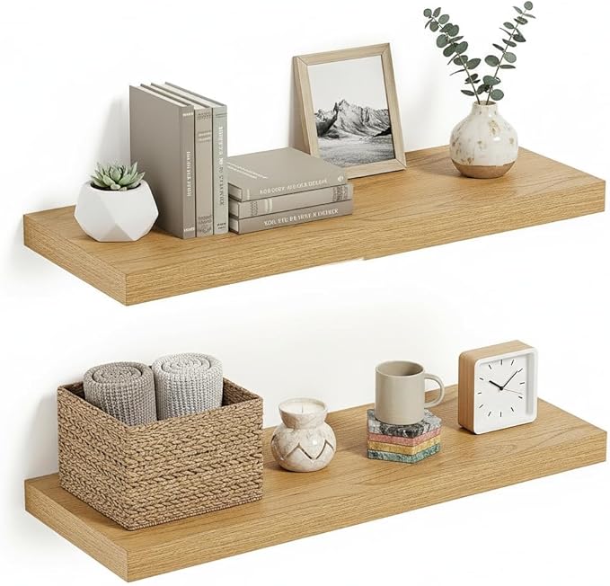 Vivelove Floating Shelves 24 inchs Long, Bathroom Shelves Over Toilet 9.1” Deep, Wall Mounted Wall Shelves for Bedroom, Living Room, Kitchen, Office, Rustic Home Decor, Oak, Set of 2
