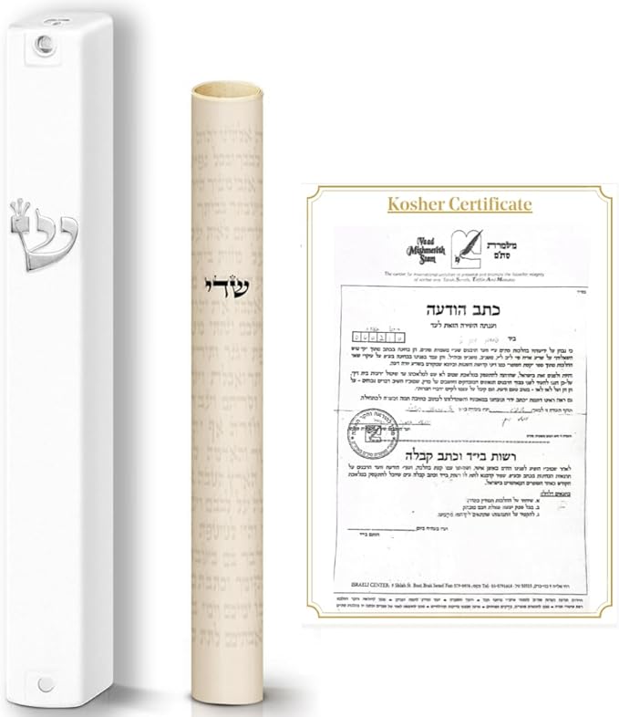 SURI Mezuzah with Kosher Scroll for Door | Certified 4-Inch Hand-Written Kosher Scroll by a Certified Jewish Rabbi (Sofer Stam) and Elegant White 5-Inch Mezuzah Case | Made in Israel