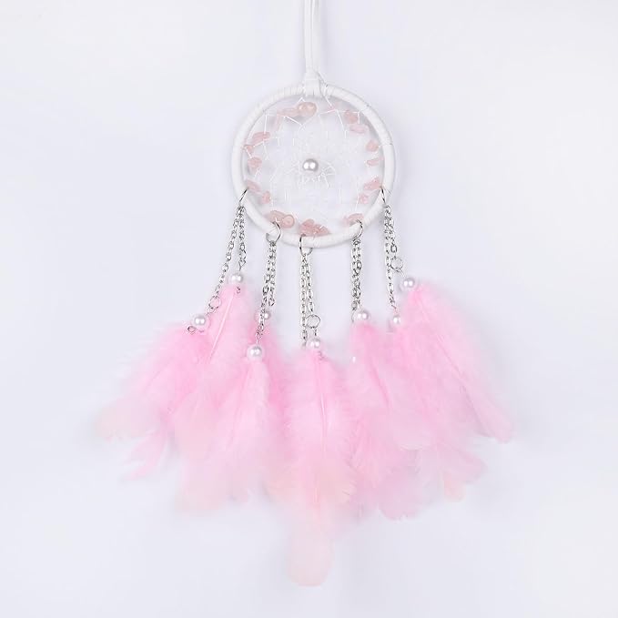 Pretty Jolly Crystal Stone Small Dream Catchers Pink Feathers Mini Dreamcatchers with Beads for Car Rear View Mirror Hanging Decoration Good Luck Travel Charm Little Bedroom Ornaments for Women Girls