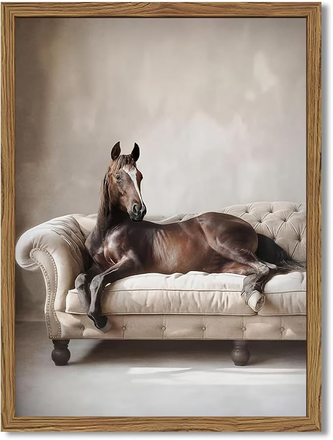 Framed Funny Horse Canvas Wall Art, Vintage Western Brown Horse On Sofa Pictures Wall Decor, Rustic Farmhouse Animal Paintings Prints for Living Room Bedroom Office Dorm 12x16 inch