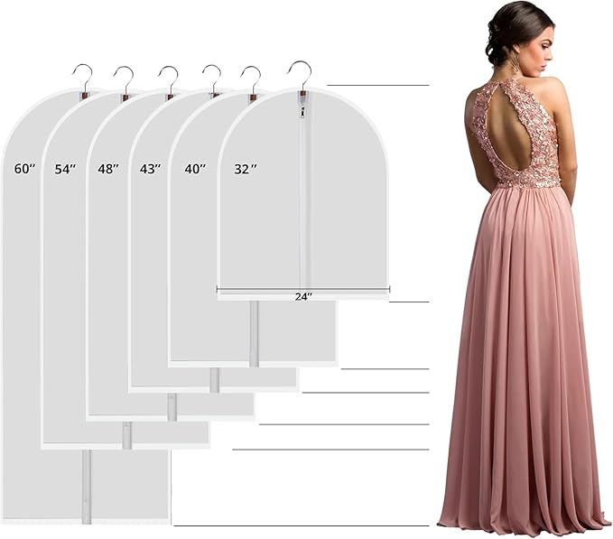 6 Pack Garment Bags for Hanging Clothes (24x40") - Dustproof Suit Bags for Closet Storage - Durable PEVA Covers with Sturdy Zipper for Coats, Jackets & Dresses (Translucent)