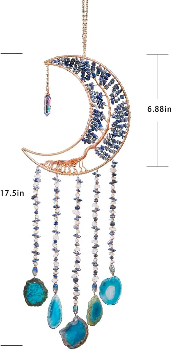 Agate Moon Dream Catchers with Crystal 7 Chakra Gemstone Dream Catchers Color Natural Gem Agate Wall Hangings Room Garden Dreamcatchers Decor (Lake Blue)