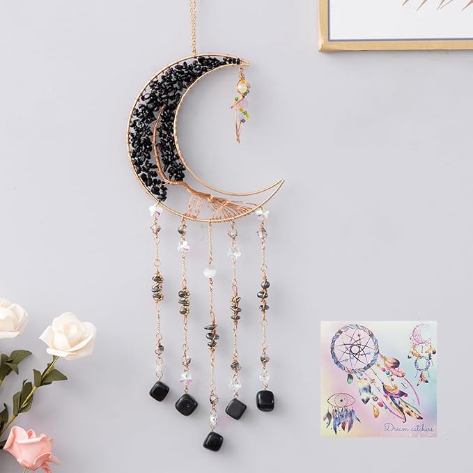 Agate Moon Dream Catchers with Crystal 7 Chakra Gemstone Dream Catchers Color Natural Gem Agate Wall Hangings Room Garden Dreamcatchers Decor (Black)