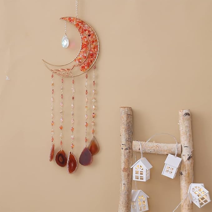 Agate Moon Dream Catchers with Crystal 7 Chakra Gemstone Dream Catchers Color Natural Gem Agate Wall Hangings Room Garden Dreamcatchers Decor (Orange)