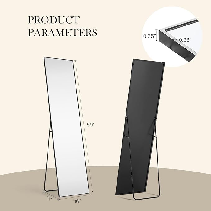 DUMOS 59"x16" Full Length Mirror, Full Body Mirror with Aluminum Alloy Thin Frame, Standing Mirrors with Leaning or Hanging, Suitable for Bedroom, Livingroom, Cloakroom, Black