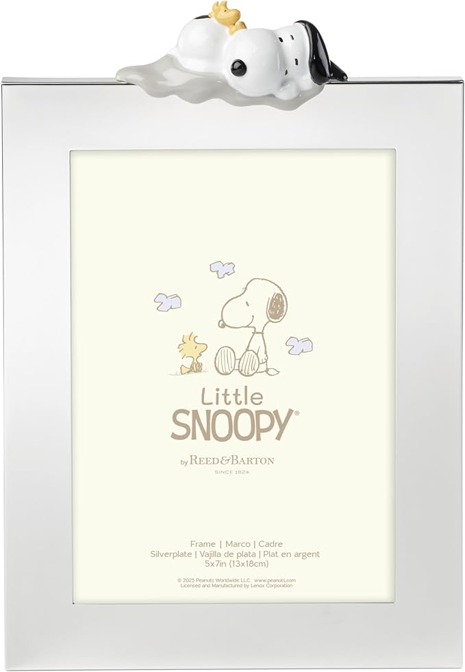 Reed And Barton Home Decor, Little Snoopy Frame 5X7-Inch, Metal Material, Spot Clean, Holds 1 5X7 Picture, Picture Frames, Kids Room Decor, Playroom Tabletop Decoration, Snoopy Design(Silver, 1 Piece)
