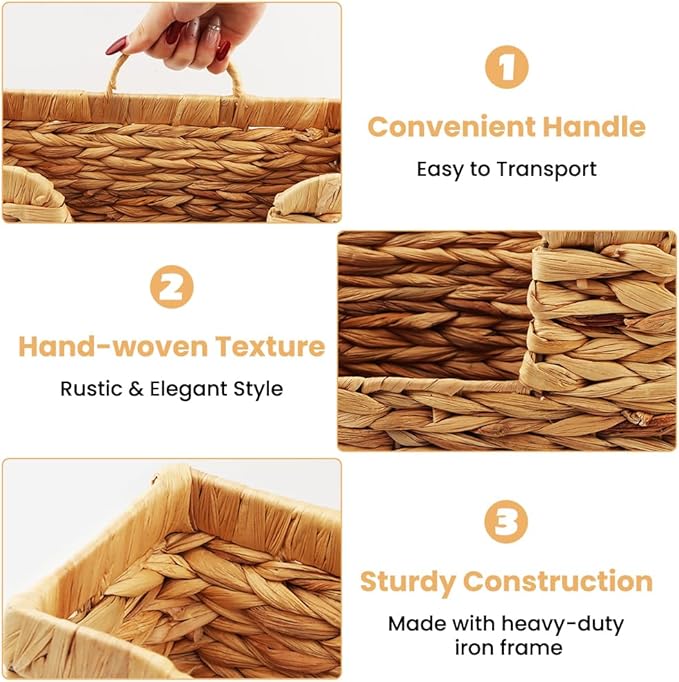 Hanging Magazine Basket, Handwoven Water Hyacinth Wall Magazine Holder with Handle for Books & Files, 11.8x4.3x7.9 Inch Water Hyacinth Farmhouse Storage Rack with Hook for Bathroom, Kitchen, Office