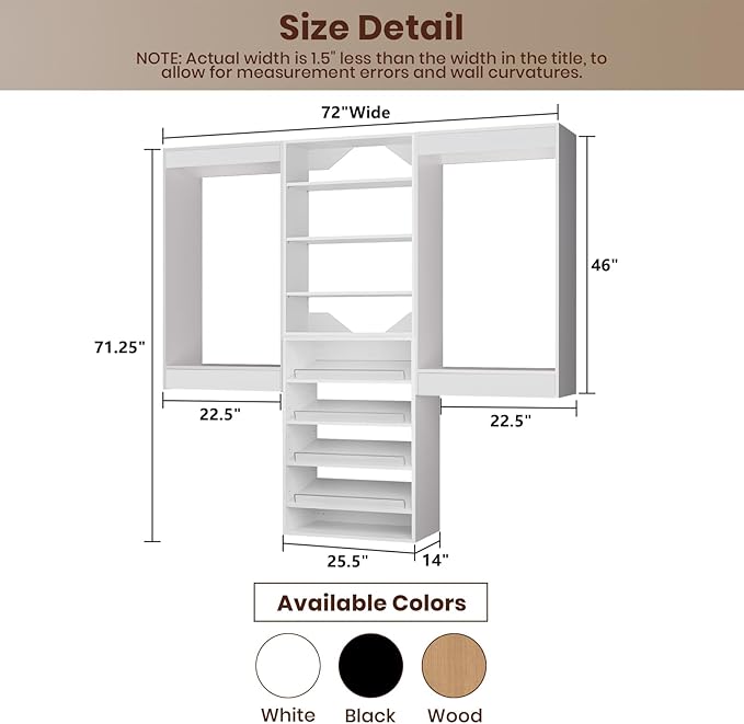 ROOMTEC Modular Closet System, 72" Wall Mounted Closet Organizer with Hanging Rods and Shoe Shelf, Wooden Tower for Walk-In Closets, Wardrobe Storage Kit, White